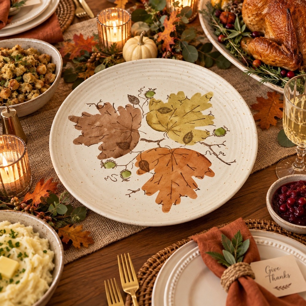 VinMetlox Poppytrail Serving Platter 12.5" Cream Sculptured Fall Leaves Autumn